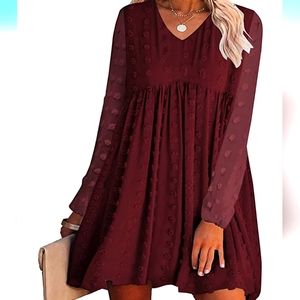 Wine Red Swiss Dot Long Sleeve Dress